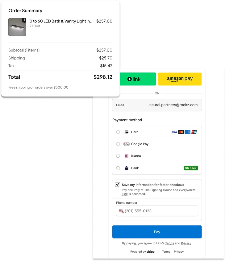 A checkout: an order summary totalling $298.12 beside a payment form offering Link, Amazon Pay, card, Google Pay, Klarna and bank transfer.