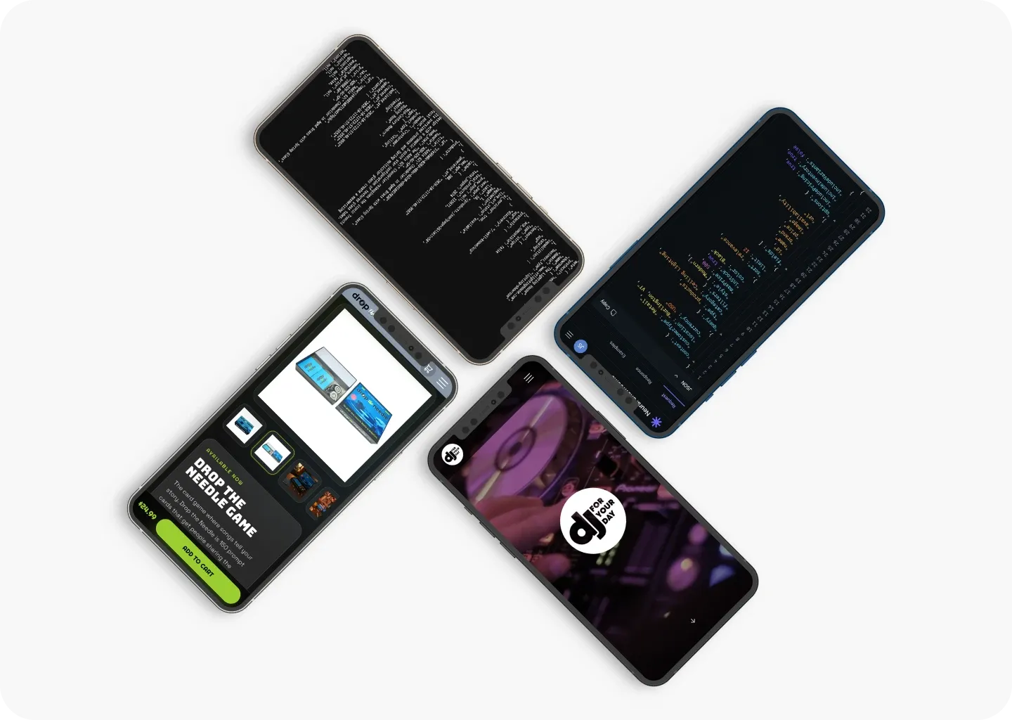 Four phones laid out in a pinwheel: two show storefronts, a card-game product page and a DJ service home page; two show the structured data behind a site.